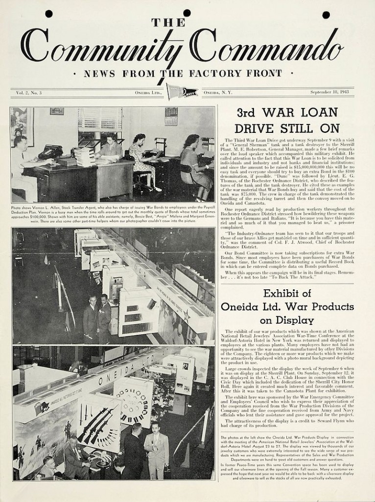 During World War II, the Oneida descendants who ran Oneida Limited put out a newsletter called "The Community Commando" about its contributions to the war effort. Click on the image to see it larger. (Via WikiCommons)