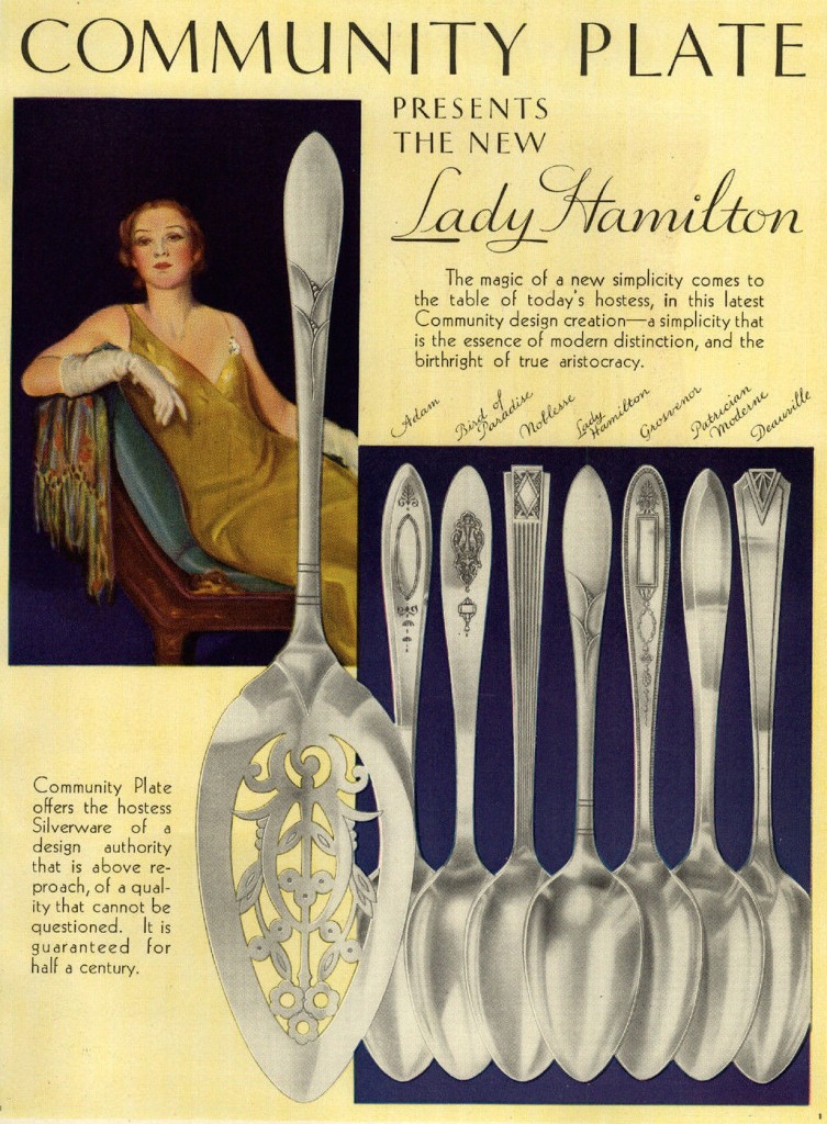 This 1933 Community Plate ad describes the new "Lady Hamilton" pattern as "the essence of modern distinction, and the birthright of true aristocracy." Click on the image to see it larger.