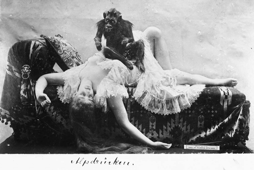 A tableau entitled "The Nightmare," featuring a swooning, life-sized wax woman and monkey made by Emil Eduard Hammer (inspired by Fuseli’s painting of the same name). The scene was exhibited at Hammer’s popular Munich panopticon. Courtesy the Valentin-Karlstadt-Musäum, Munich.
