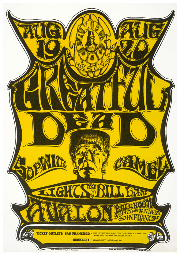 When Bill Ham complained to the Grateful Dead's sound man, Owsley Stanley, that his light show would not look very good on the band's speakers, Stanley had them painted white. Note the misspelling of the band's name on this poster.