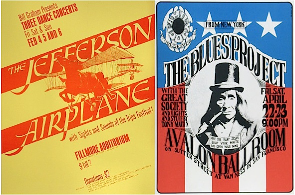 Rock promoter Bill Graham capitalized on the excitement, and ticket sales, of the Trips Festival by promising more of the same for his first show at the Fillmore. Tony Martin, who had done some of the light effects at the Trips Festival, did the Fillmore's lights for Graham's first shows there, as well as the Family Dog's first shows at the Fillmore. When the Family Dog moved to the Avalon, though, Martin's name was still on the poster, even though Bill Ham did the lights. (Left: Via Psychedelic Art Exchange. Right: via D. King Gallery.)