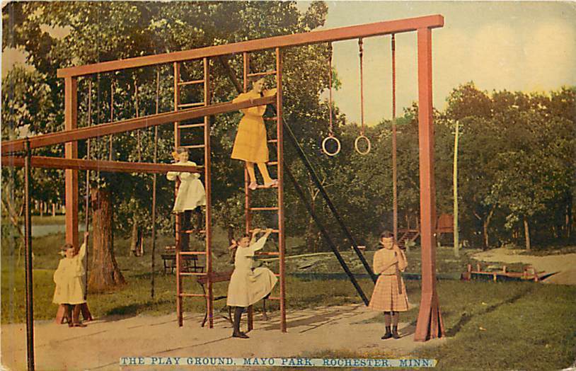 A 1911 postcard shows girls playing on an outdoor gymnasium at Mayo Park in Rochester, Minnesota.