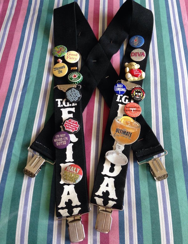 A pair of T.G.I. Friday's suspenders with the notorious "15 pieces of flair," circa 1998, from the Mall of America in Bloomington, Minnesota, recently sold on eBay for $12.99.