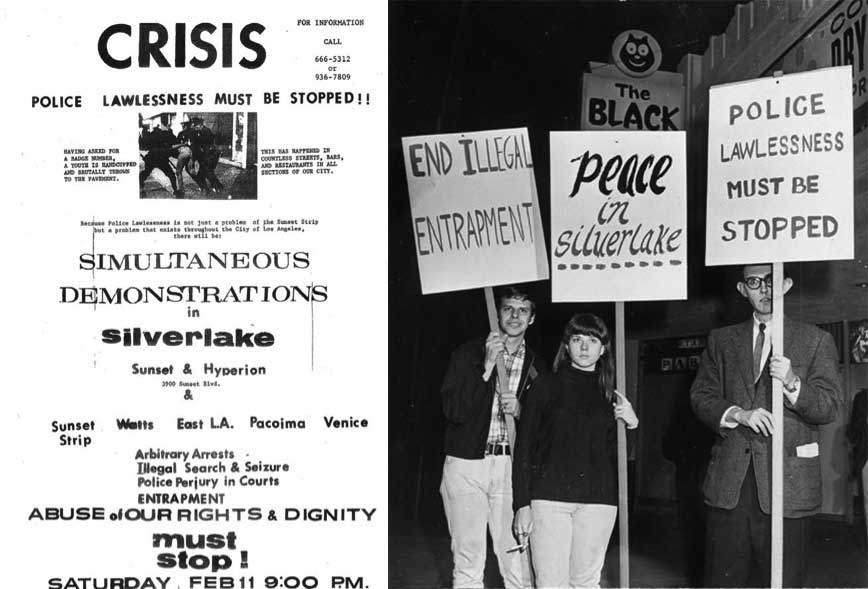 A flier and photograph from the February 1967 demonstrations against a police raid of the Black Cat Tavern in Los Angeles. (Via Wikimedia)