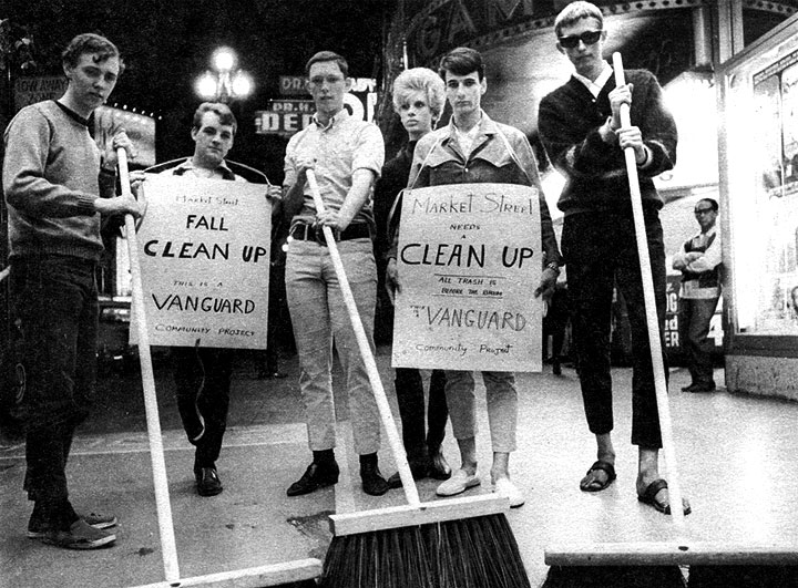 Members of the queer youth organization Vanguard participate in a Market Street sweep to clean up the Tenderloin, as seen in Vanguard Magazine Volume 1, Issue 2, from 1966. Courtesy of the Gay, Lesbian, Bisexual, Transgender Historical Society.