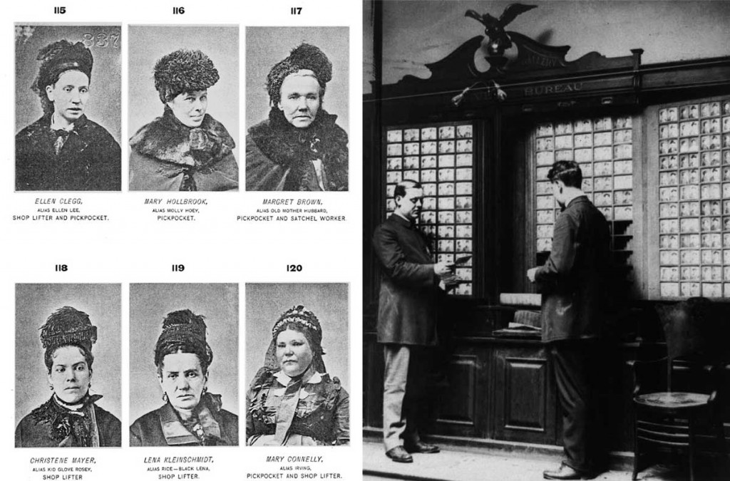 Left, a page from Byrnes’ 1886 book, <em>Professional Criminals of America</em>. Right, the New York City Police Department's rogues gallery, as seen in 1909. Via Wikimedia. (Click to enlarge)