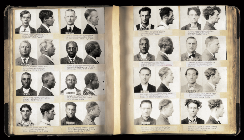 Mugshots in a police ledger from San Francisco, circa 1930s. Courtesy of Mark Michaelson. (Click to enlarge)