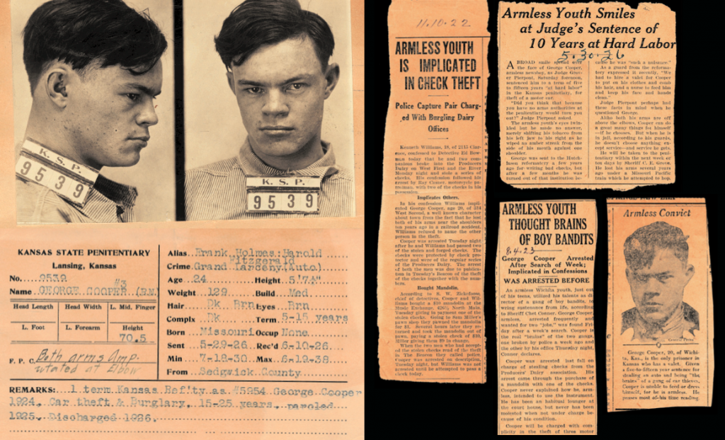 The official record and mugshot for the armless George Cooper, along with newspaper clippings from the 1920s. Courtesy of Mark Michaelson. (Click to enlarge)
