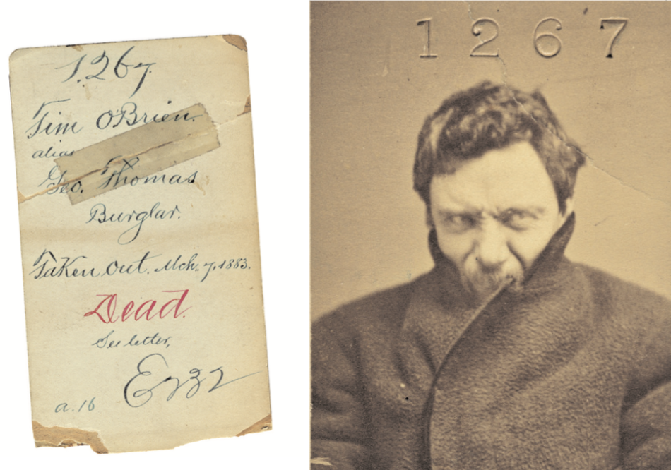 The back side of this ominous photo of Tim O'Brien includes a cryptic note about being "Taken out March 7, 1883." Courtesy of Mark Michaelson.