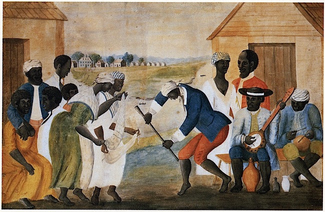 Top: "The Banjo Player," 1856, by William Sidney Mount. Via Wikimedia. Above: “The Old Plantation” from 1785-1790 depicts life on a South Carolina plantation. From the collection of the Abby Aldrich Rockefeller Folk Art Museum, Colonial Williamsburg, Virginia. Courtesy SlaveryImages.org, a project of the Virginia Foundation for the Humanities.