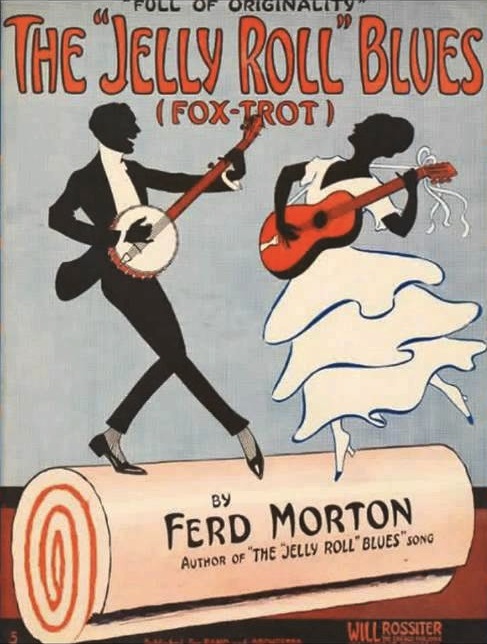 In 1915, the sheet music for pianist Jelly Roll Morton's "The Jelly Roll Blues" featured a banjo player on its cover.