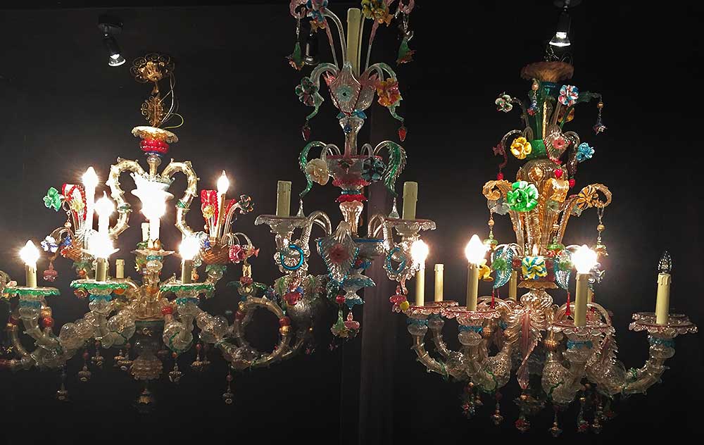 A small sampling of David Sagradin's Murano glass chandeliers at Mercanteinfiera.