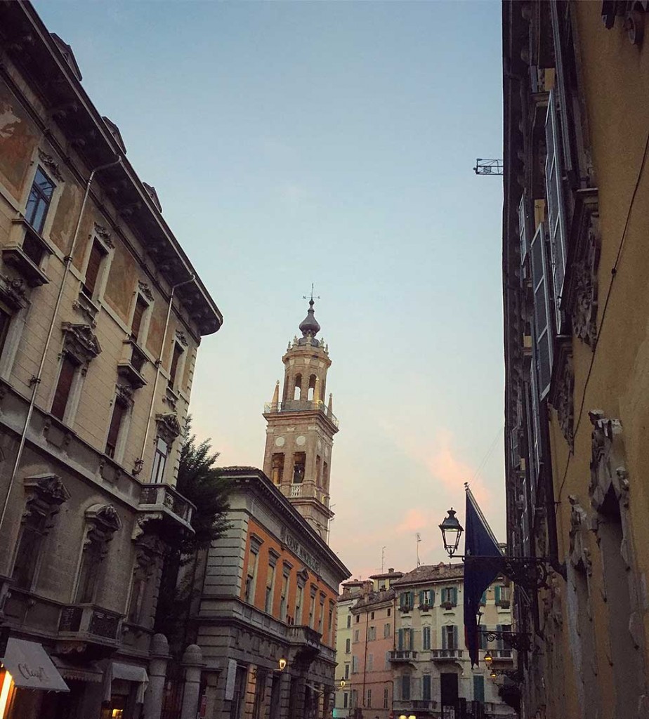 Dusk in Parma's medieval center.