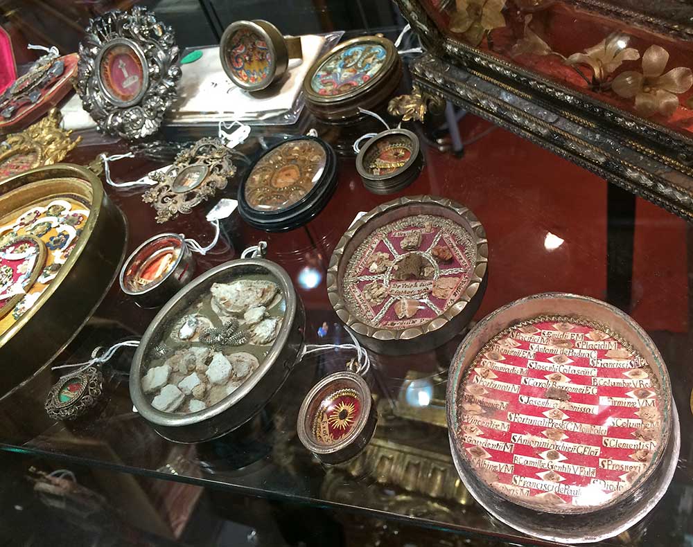A selection of reliquaries containing the remains of Catholic saints.
