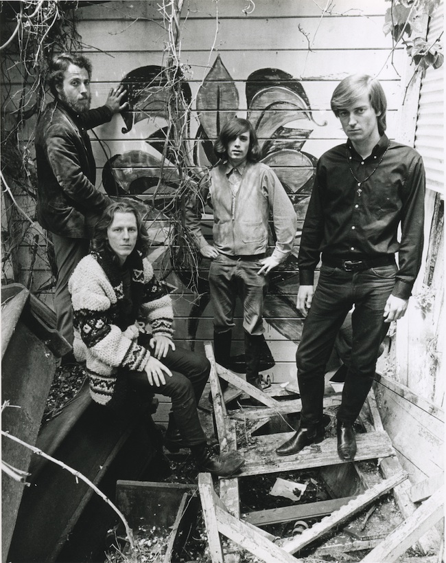 Big Brother and the Holding Company in the spring of 1966 behind the Old Spaghetti Factory, where drummer Dave Getz (far left) worked part time.