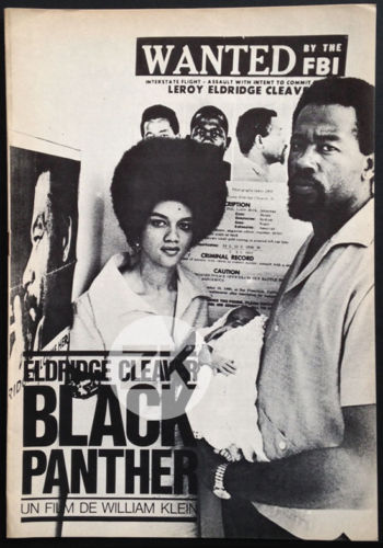 Kathleen and Eldridge Cleaver with their infant son, Maceo, pose in front of an FBI "Wanted" poster on the press book for the 1969 Algerian documentary, "Eldridge Cleaver, Black Panther." Eldridge Cleaver had fled to Algeria to avoid murder charges in California. (Via eBay)