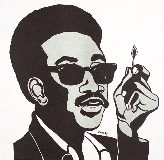 Black Panther artist Emory Douglas created this 1967 image of H. Rap Brown, a chairman of the Student Nonviolent Coordinating Community, who became a leader of the BPP when the two groups formed a brief alliance. (Courtesy of the Oakland Museum of California, All of Us or None Archive)