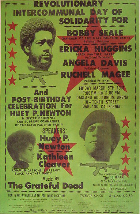 In 1971, psychedelic rock band The Grateful Dead played an Oakland rally for Black Panthers Bobby Seale, Ericka Huggins, Angela Davis, and Ruchell Magee, all of whom were in jail. Huey P. Newton and Kathleen Cleaver spoke at the event. (Via eBay)