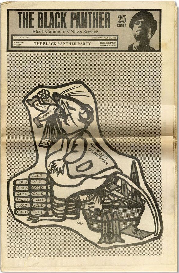 A Black Panther newspaper from July 1969 features artwork by Emory Douglas depicting an "Avaricious Businessman" rat eating gold and "Black Capitalism." (Via eBay)