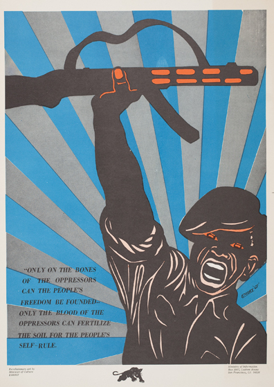 This 1969 Emory Douglas poster reads, "Only on the bones of the oppressors can the People's freedom be founded—only the blood of the oppressors can fertilize the soul for the People's self-rule." (Courtesy of the Oakland Museum of California, All of Us or None Archive)