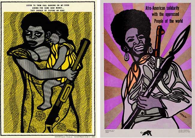 Several Black Panther Party propaganda posters by illustrator Emory Douglas show women with guns. The reprint of a 1971 poster, at left, reads: "Listen to them pigs banging on my door asking for some rent money ... They should be paying my rent." (Via eBay) The 1969 poster on the right says: "Afro-American solidarity with the oppressed People of the world." (Courtesy of Oakland Museum of California, All of Us or None Archive)