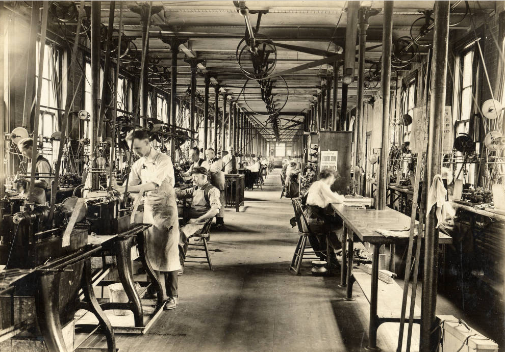 Employees at work in the Canton, Ohio, factory of the Dueber-Hampden Watch Company, circa 1900. Used by permission from the <a href="http://mckinleymuseum.org/" target="_blank">McKinley Presidential Library & Museum</a>, Canton, Ohio.
