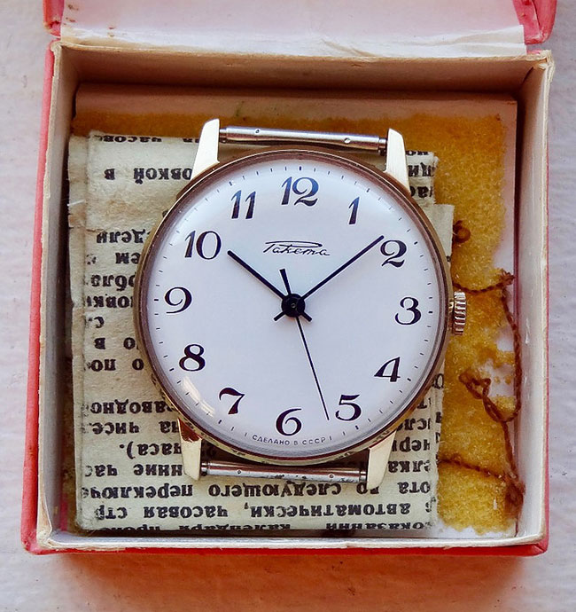 Top: A group of Type-1 Soviet watches in Dashiell Oatman-Stanford's collection. Above: This Raketa brand watch from the 1970s has what's known as an “easy read” dial.