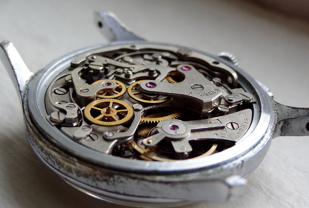 The intricate parts of a 19-jewel chronograph movement inside a Strela watch from 1959.