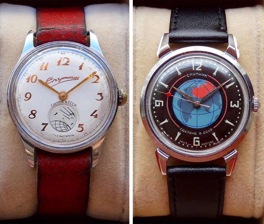 Left, this watch made at Chistopol in the late 1950s features a rotating Sputnik cutout to count the seconds. Right, another space watch from the same era with a painted globe dial and rocket-shaped hour markings.