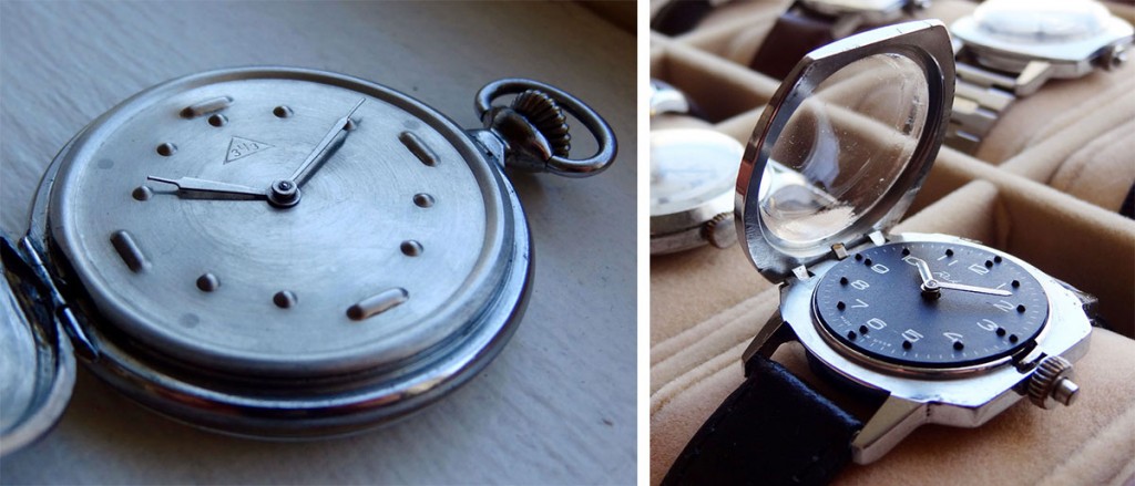Left: An early Braille watch made at the Zlatoust Watch Factory, circa 1954. Right: A Braille Raketa made in the 1970s featuring a retractable crystal.