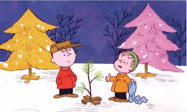 mcchrist_charliebrownIn 1965's "A Charlie Brown Christmas," Charlie and Linus look at their weather-beaten natural tree in front of yellow and pink Christmas trees that likely represented the fake, aluminum trees of the day. CBS Television animated special, directed by Bill Melendez. Photofest, Inc. (From Mid-Century Christmas)