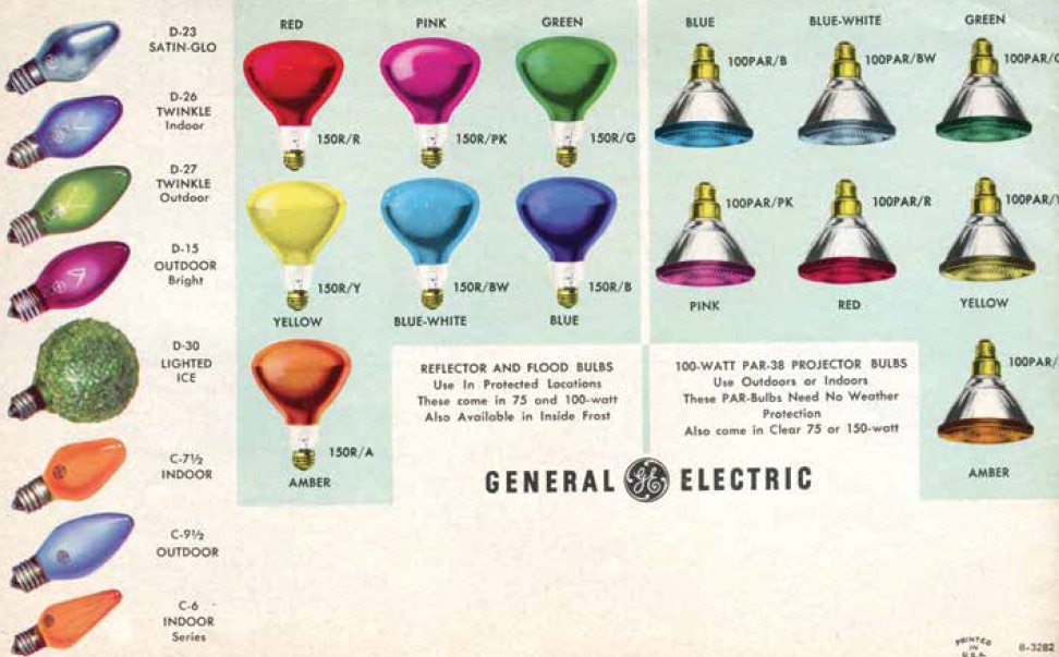 A listing of the various outdoor holiday lights General Electric offered in 1963 in "GE Christmas Lighting and Decorating Guide." (From Mid-Century Christmas, reproduced with permission from GE Lighting, a business of General Electric Company)