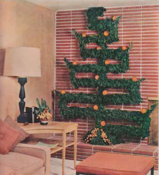 A geometric tree made from found greenery was described in a December 1956 "Better Homes and Gardens" spread called "Decorate with Nature's gifts." (From Mid-Century Christmas)