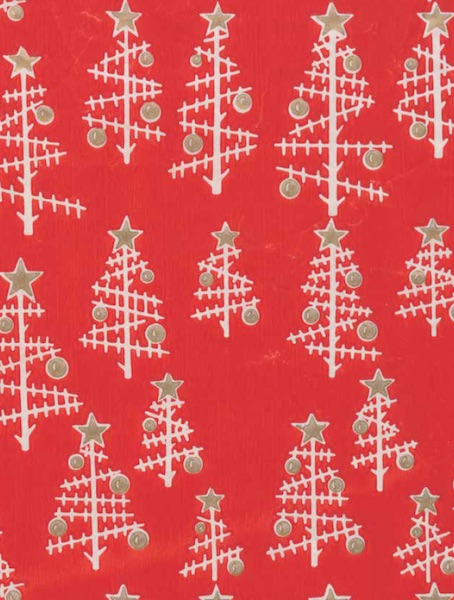 The abstracted Christmas-tree pattern on this mid-century wrapping paper has a molecular look to it. Circa 1940-1959, made by the Crystal Tissue Company. Gift of Christopher and Esther Pullman. Cooper Hewitt, Smithsonian Design Museum/Art Resource, New York. (From Mid-Century Christmas)