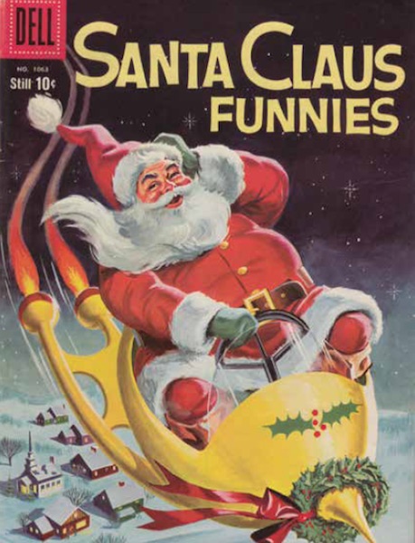 In the 1950s, Santa ditched his sleigh for a rocket ship, as seen on the cover of Dell's December 1959 "Santa Claus Funnies," published by Western Printing & Litho Company. (From Mid-Century Christmas)