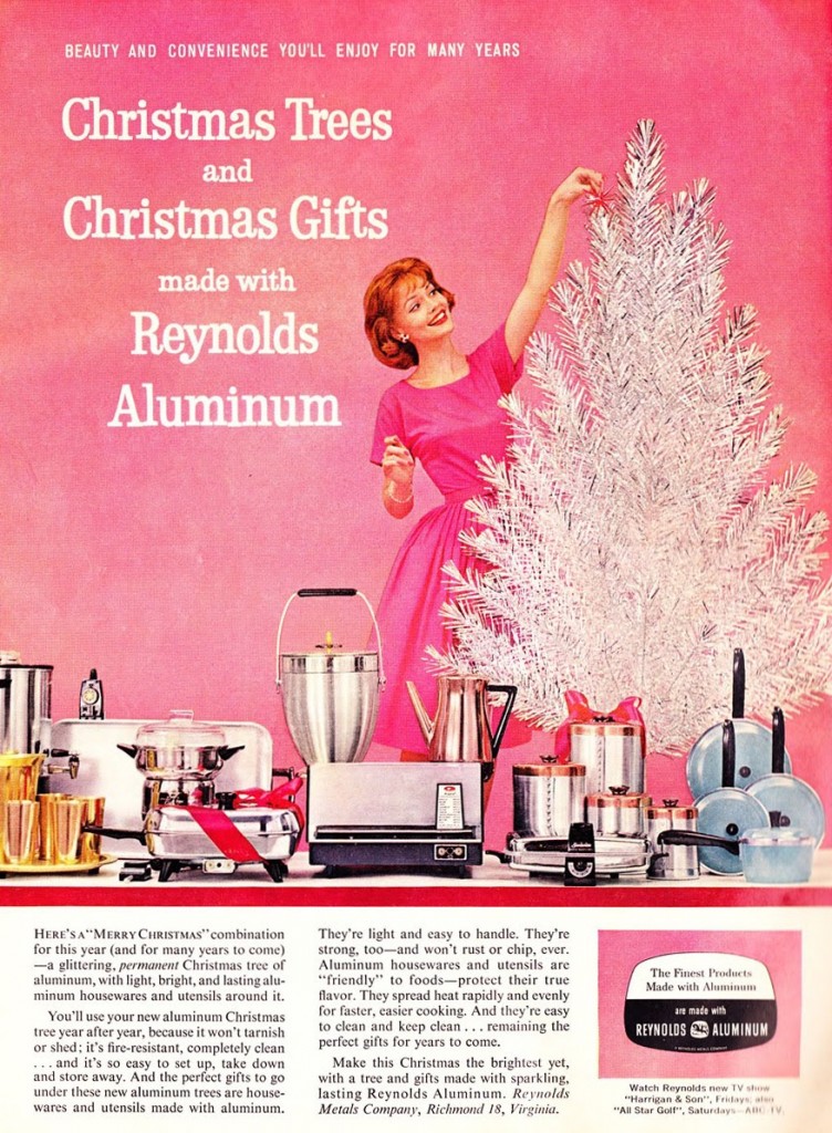 Kitchen appliances were hot gifts to put under your aluminum Christmas tree in the postwar era. This Reynolds Metals ad flaunts both. (From Mid-Century Christmas)