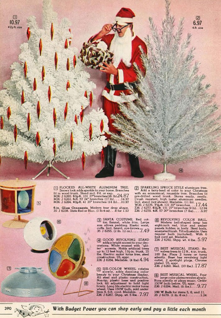 The 1962 Spiegel Christmas Catalog offered aluminum Christmas trees as well as rotating lamps to shine colors on them. (From Mid-Century Christmas)
