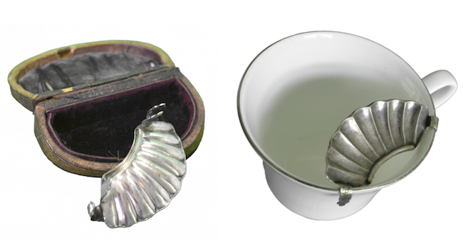 This portable mustache protector could be retrieved from its case and affixed to a cup to prevent the hair on one's upper lip from egregious stains.