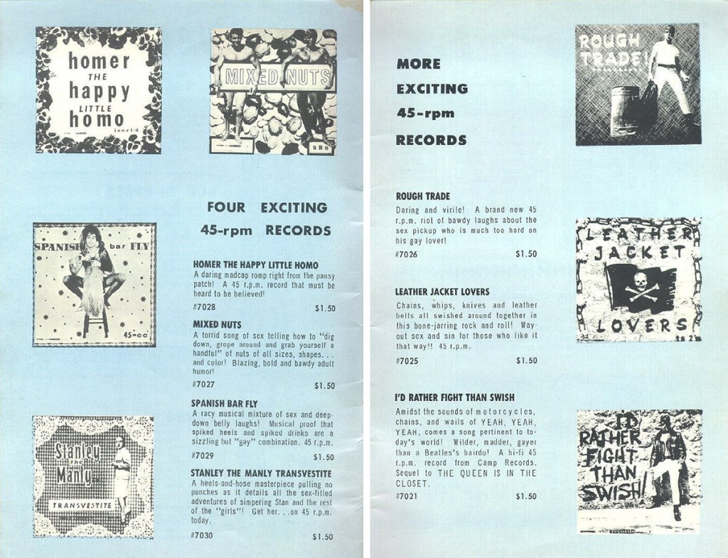 Ads for Camp Records' singles as seen in Vagabond No. 7, 1965. Silly song titles included "Homer the Happy Little Homo," "Mixed Nuts," and "Leather Jacket Lovers." Courtesy of J.D. Doyle. (click to enlarge)