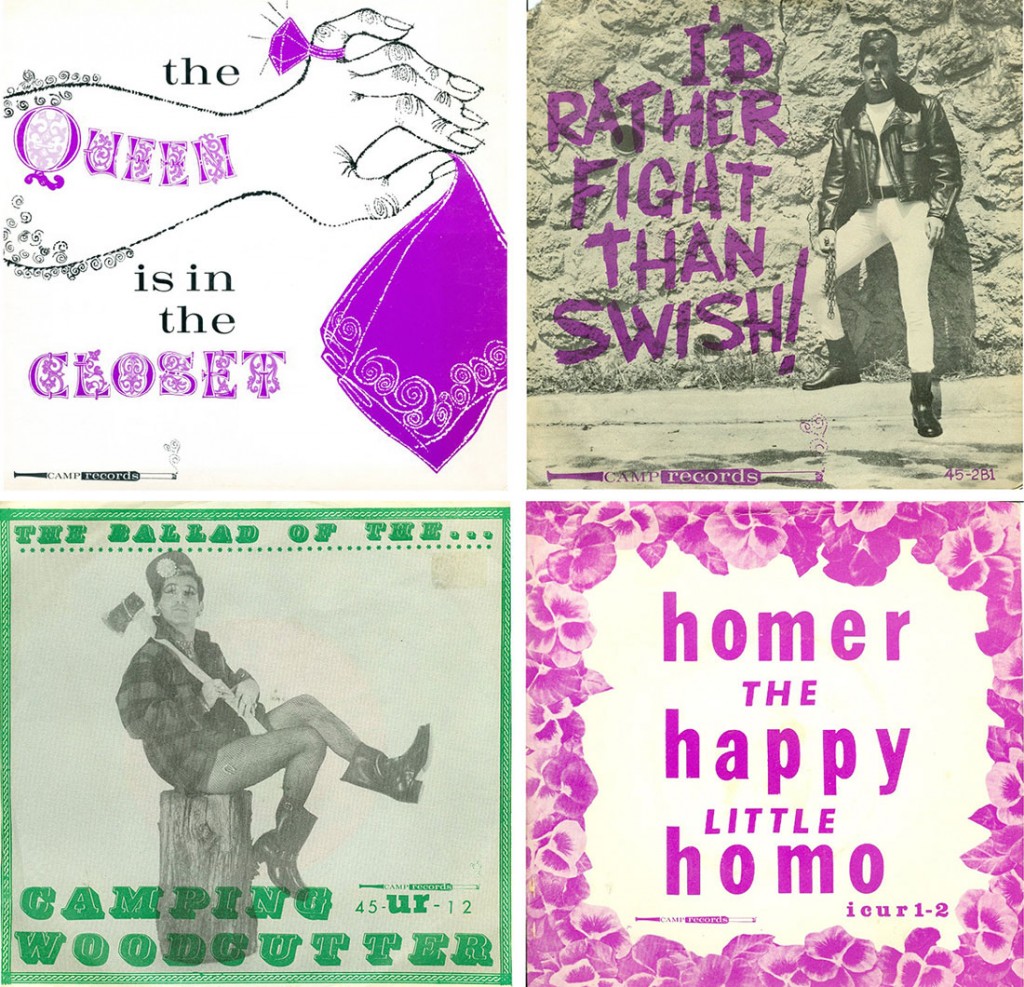 Four cover designs for Camp Records, including the full LP, "The Queen Is in the Closet" (top left) as well as three singles from the mid-1960s. Courtesy of <a href="http://www.queermusicheritage.com/" target="_blank">J.D. Doyle</a>. (click to enlarge)