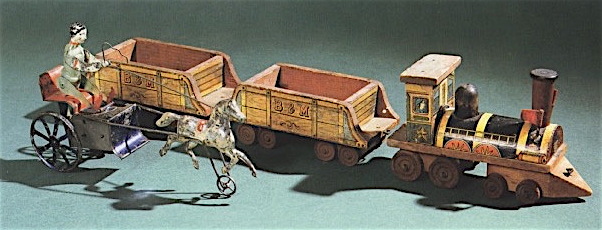 Top: Ad from the Depression era for the Lionel Multivolt transformer. Above: A 19th-century wooden dragger races against a tin horse and buggy. Collection of Don Ross. Both images courtesy Motorbooks/Quarto