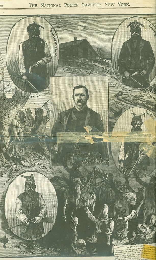 "The National Police Gazette" of New York City published a sensational illustration of the four Bald Knobbers charged with killing William Edens and Charles Greene, as well as the Christian County sheriff who caught them. Click on the image to see a larger version. (Courtesy of The State Historical Society of Missouri)