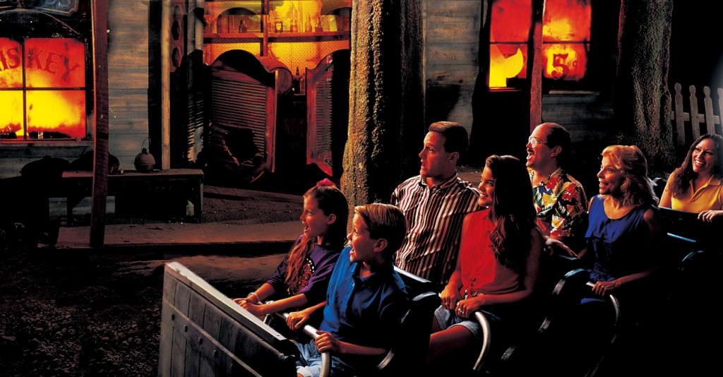 The Marble Cave mining village of Marmaros burns in the Fire in the Hole dark ride, as seen in a publicity photo. (Courtesy of Silver Dollar City)