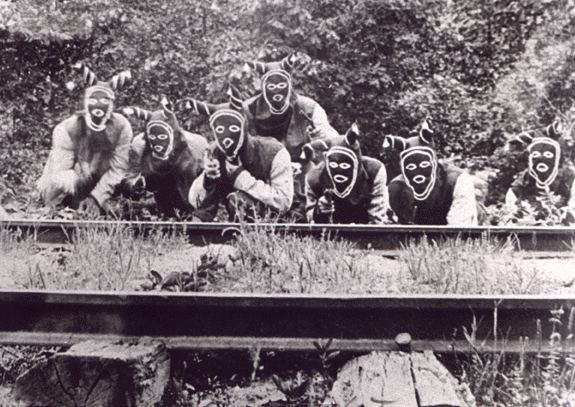 Bald Knobbers are depicted in a still from the 1919 film “The Shepherd of the Hills,” based on Harold Bell Wright’s 1907 novel. In the book, the Bald Knobbers are an outlaw gang, not a vigilante committee, and the story is set in Taney County, where the real vigilantes never wore disguises.
