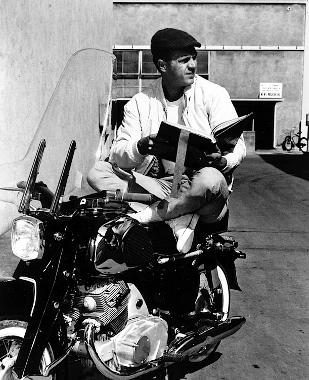 This is probably a publicity shot, taken in 1961, of McQueen posing on a Honda CA77 Dream. Photo by PhotoFest, from McQueen's Motorcycles.