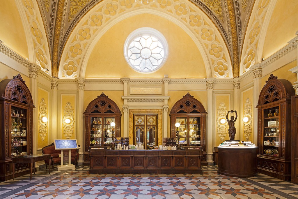 Top: The aloe plant as depicted in one of the monastery's giant herbariums, which is more than 300 years old. Above: This sales room at the <em>Officina Profumo-Farmaceutica di Santa Maria Novella</em> is housed in a converted chapel.