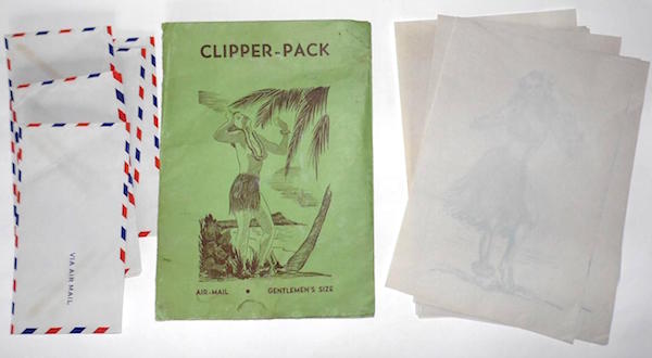 This 1940s Clipper-Pack came with sheets of risqué hula-girl onion-skin stationery and airmail envelopes. It's the sort of thing U.S. servicemen would buy in Honolulu to send notes to their friends.