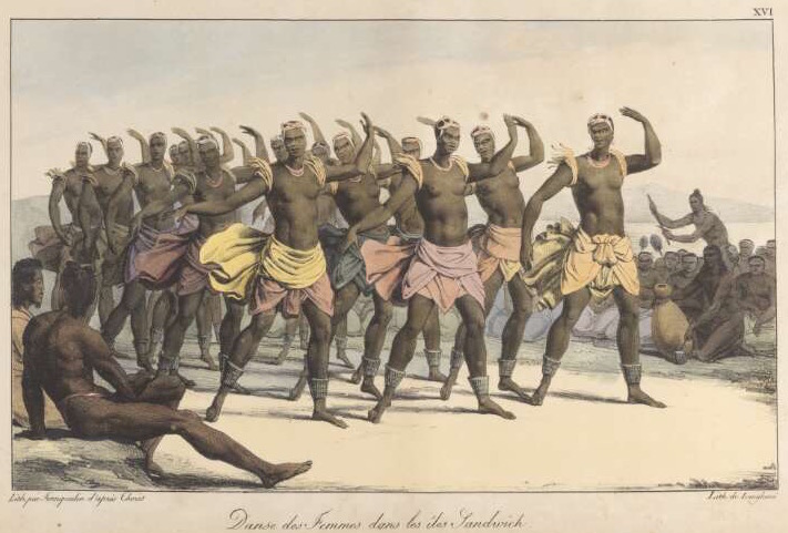 This 1822 hand-colored lithograph "Female dancers of the Sandwich Islands" by Jean Augustin Franquelin is based on a drawing by Louis Choris, the artist aboard the Russian ship Rurick, which visited Hawai‘i in 1816. (Via WikiCommons)