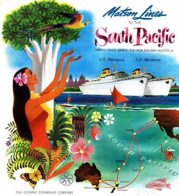 A 1955 brochure, "Matson Lines to the South Pacific," shows steamships arriving as a hula girl, surrounded by Hawaiian flora and fauna, admires a tropical bird.A 1955 brochure, "Matson Lines to the South Pacific," shows steamships arriving as a hula girl, surrounded by Hawaiian flora and fauna, admires a tropical bird.