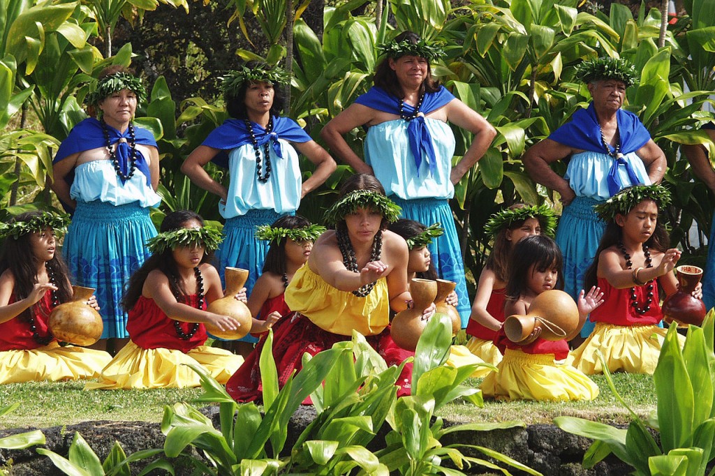 A 2005 hula kahiko performance at the hula platform in Hawaii Volcanoes National Park. (Photo by Ron Ardis, WikiCommons)